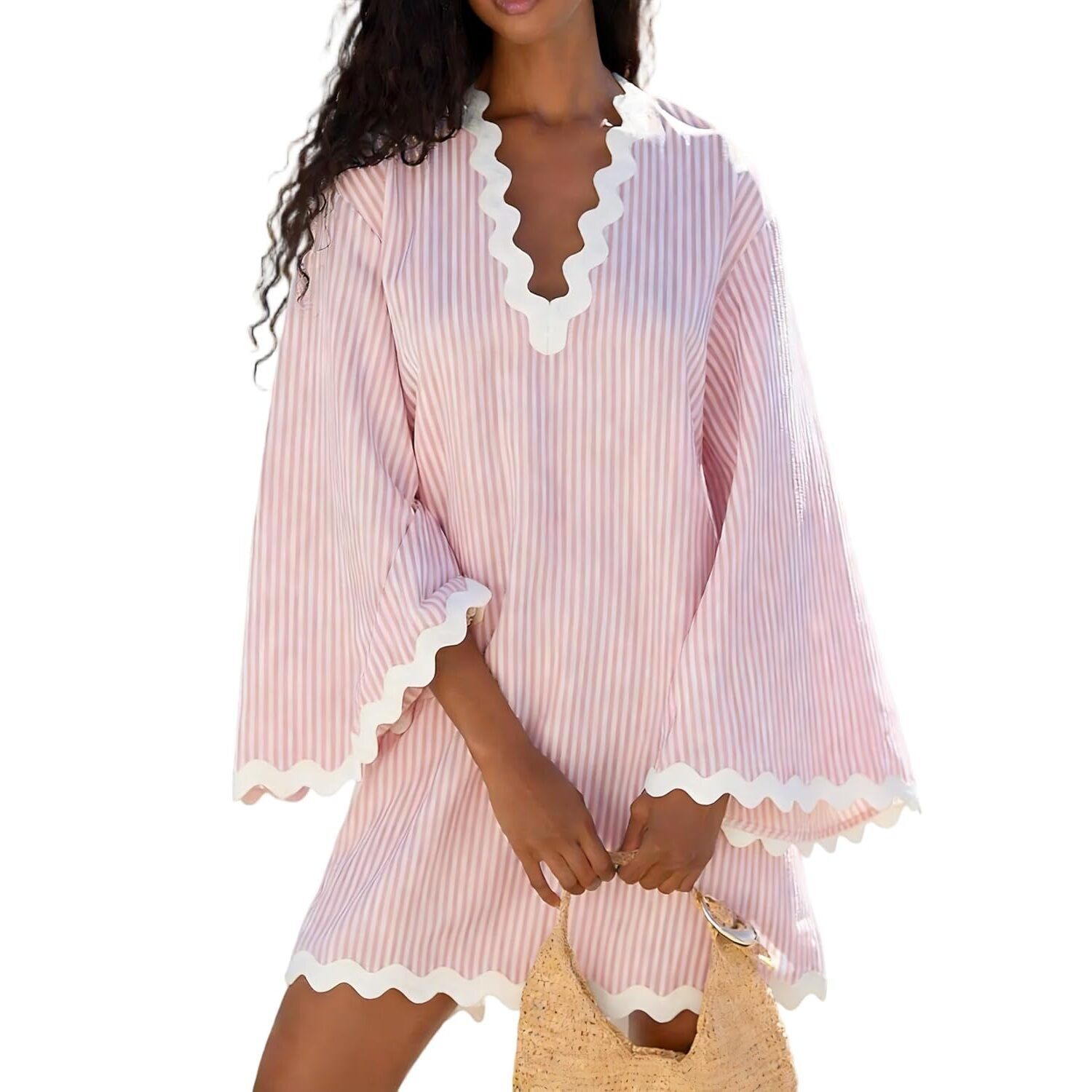 Women's Boho Striped V-Neck Dress Flowy Bell Sleeves Cover Up With Wavy